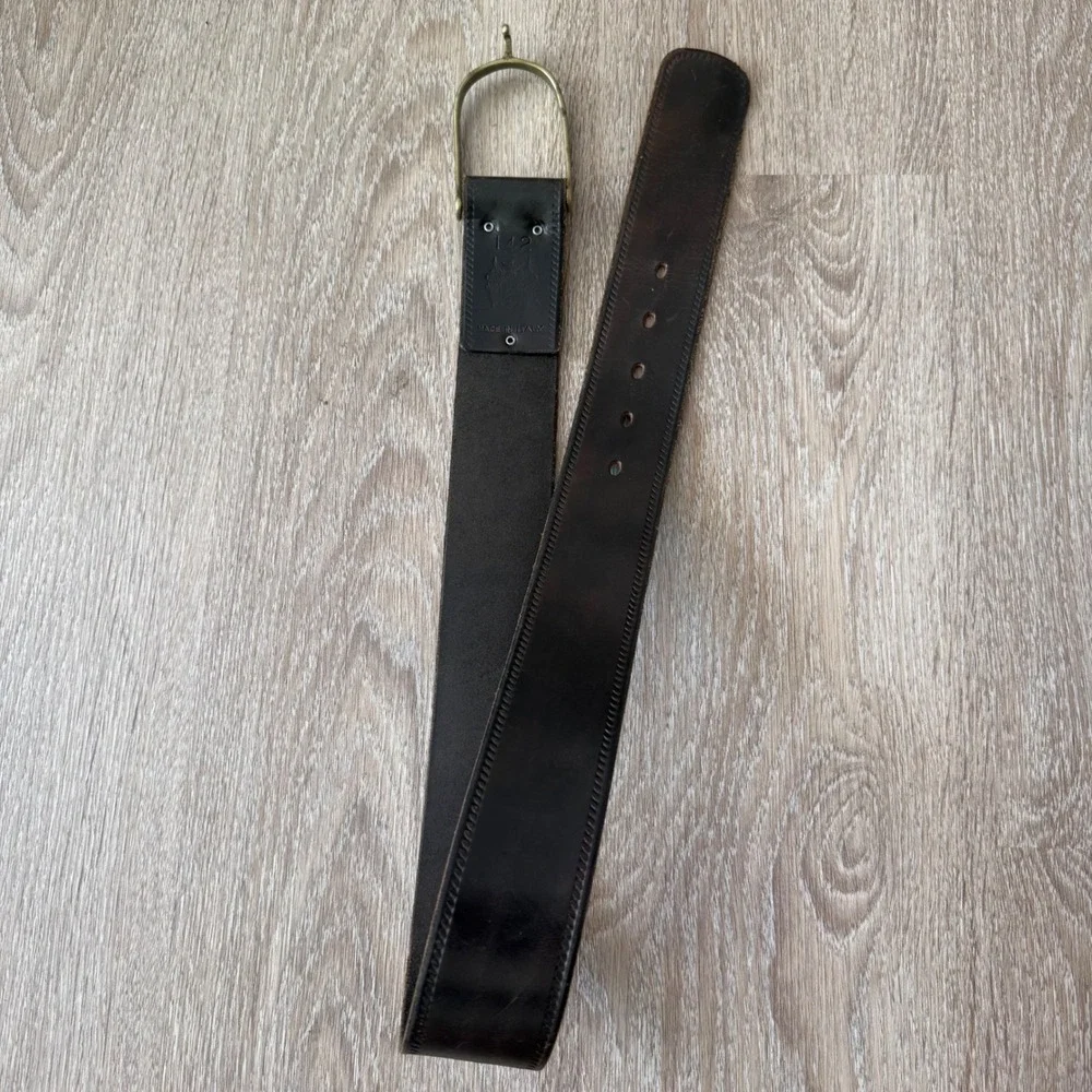 VTG Italian Leather Belt Brass Stirrup Hook Buckle Dark Brown Made in Italy 36